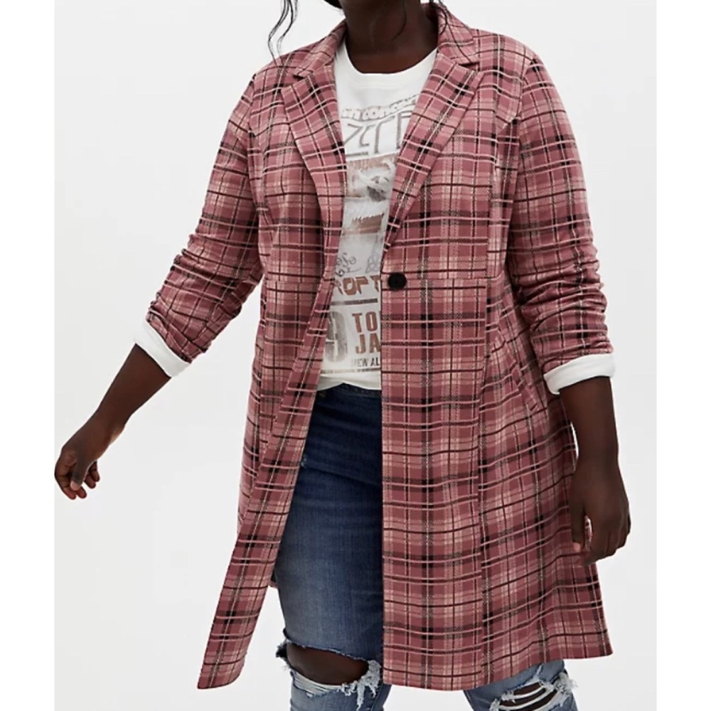 torrid Pink Plaid Long Blazer Jacket